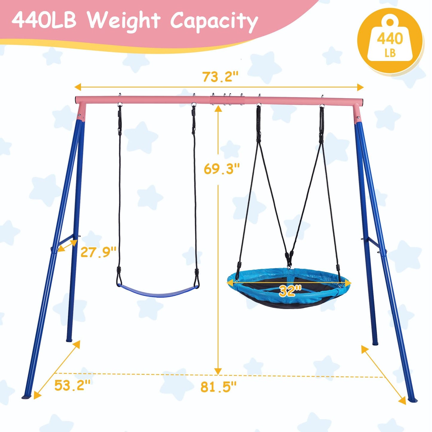 Lunafun Outdoor Swings for Kids, 440lbs, Heavy-Duty A-Frame Metal Outdoor Swing Stand, 1 Saucer & 1 Belt Swing Seat for Playground, Backyard Blue