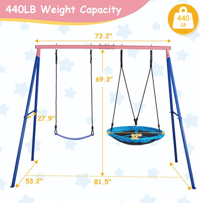 Lunafun Outdoor Swings for Kids, 440lbs, Heavy-Duty A-Frame Metal Outdoor Swing Stand, 1 Saucer & 1 Belt Swing Seat for Playground, Backyard Blue