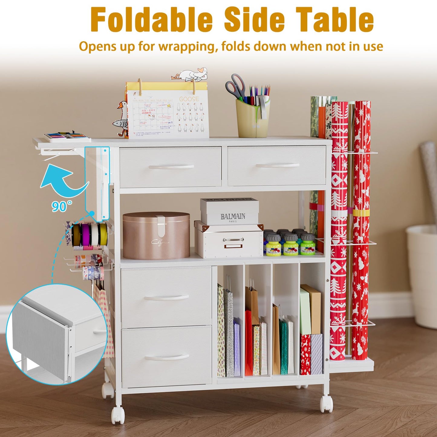 Wrapping Paper Storage Cart with Foldable Table, 3 Tier Gift Wrap Organizer with Drawers, Holds 8 Rolls, 8 Slap Bands, Rolling Craft Storage Station for Ribbons Gift Bags Supplies (White)