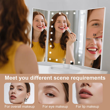 deweisn Dresser Mount Tri-Fold Lighted Vanity Mirror with 21 LED Lights, Touch Screen and 3X/2X/1X Magnification, Two Power Supply Modes Make Up Mirror,Travel Mirror