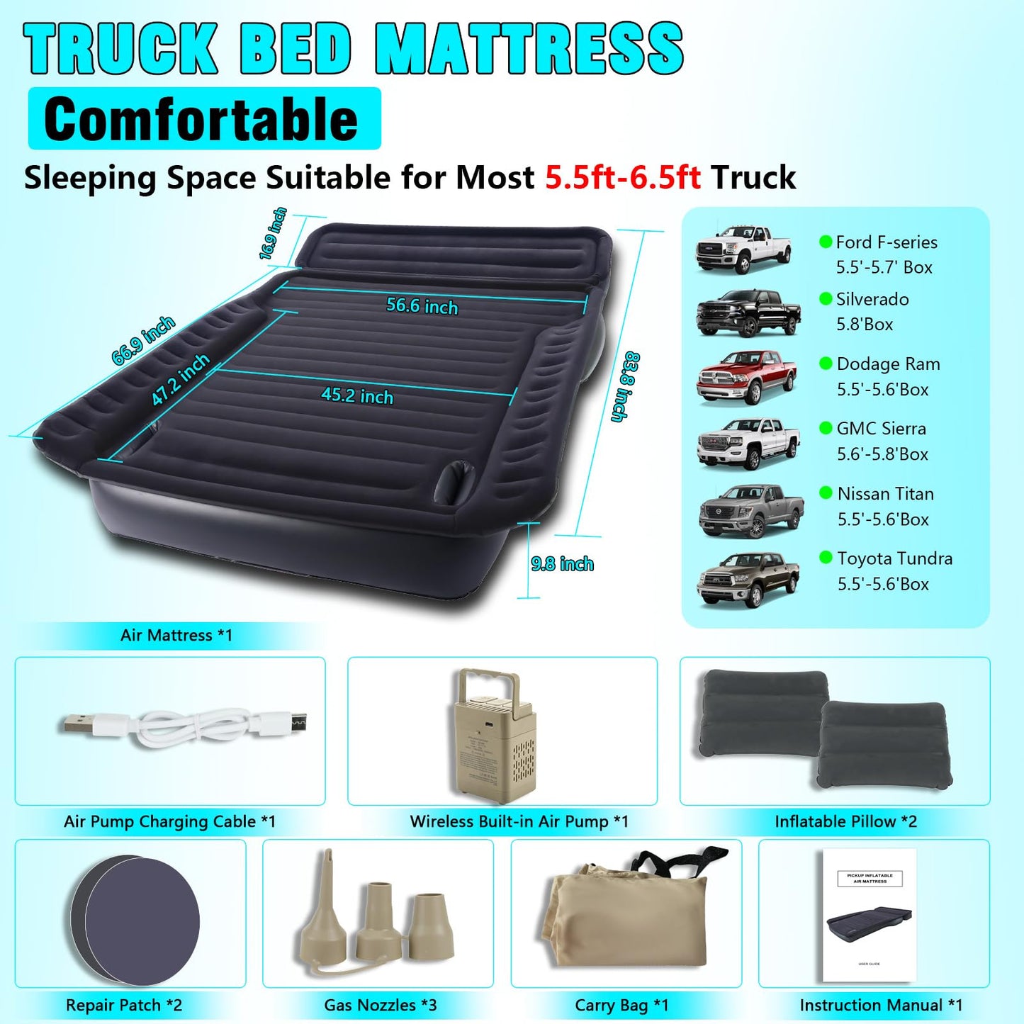 JESTMOTOR Camping Pickup Truck Bed Air Mattress, 5.5-6.5FT Full Size Thickened Self Inflating Outdoor Truck Bed Mattress, with Built-in USB Rechargeable Pump and 2 Pillows (84"x57"x10")