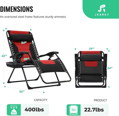 JEAREY Oversized Padded Zero Gravity Chair - Comfortable Folding Lounge Chair with Headrest & Cup Holder | Black/Red