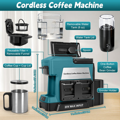 LEZZYRUCK Cordless Coffee Maker for Makita 18V Battery (No Battery), Portable Drip Coffee Machine with Electric Coffee Grinder and Coffee Cup, for RV, Camping, Travel