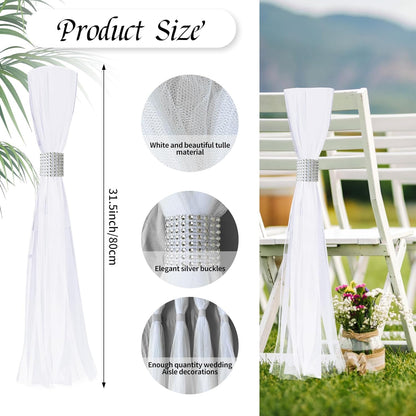 Skiennix 26 Sets Large White Pew Bows - Tulle Wedding Aisle Chair Decorations for Outdoor Ceremonies