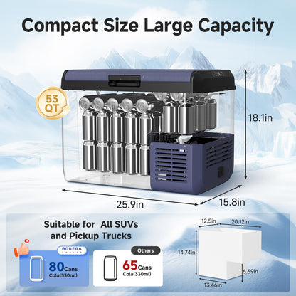 BODEGACOOLER 12 Volt Car Refrigerator, 53QT(50L) IPX4 Waterproof Electric Cooler, 31dB Ultra-Quiet Car Fridge APP Control with 12/24V DC 110-240V AC, -4℉~68℉, Portable for Truck RV Camping, Travel