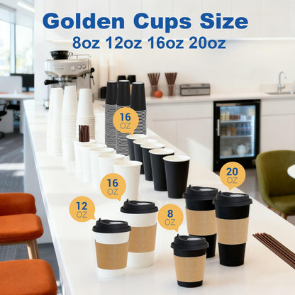 Coolcap 20 oz 500 Pack Coffee Cups with Lids and Sleeves, Straws, Hot Disposable To Go Travel Paper Cups Bulk for Office, Home Coffee Bar Accessories, Chocolate, Cocoa, Beverage (Black)