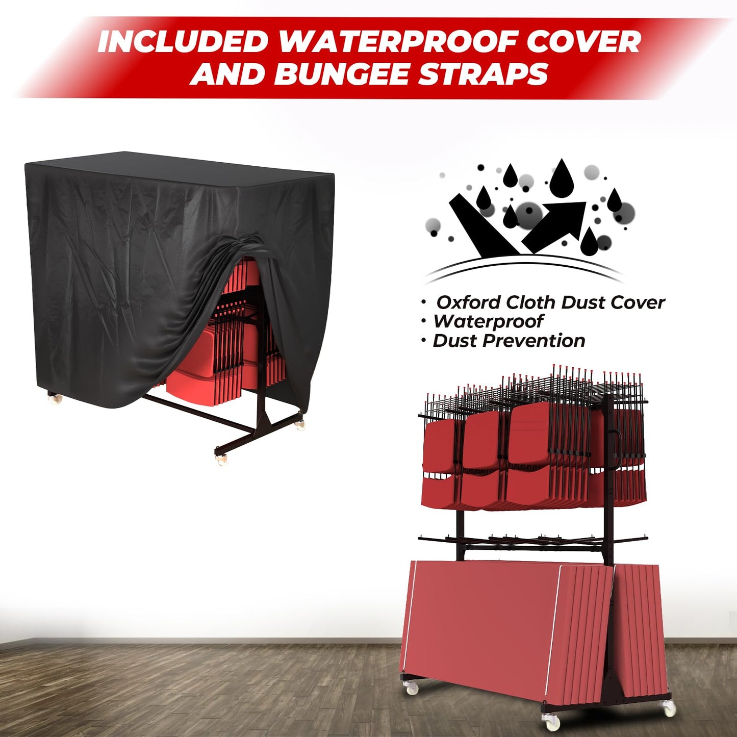 Folding Chair Rack, Heavy-Duty Folding Chair Cart with Storage Rack, 800 LBS Capacity Dual-Layer Chair Storage Dolly Holds 84 Folding Chairs or 42 Chairs+12 Table with Waterproof Cover
