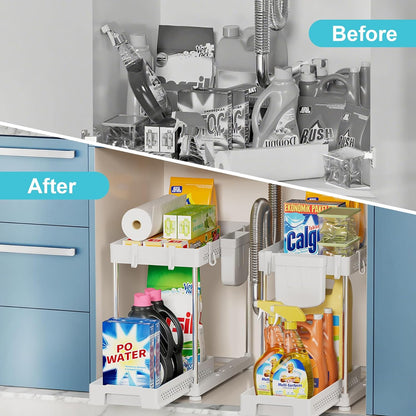 Under Kitchen Sink Organizer - 2-Tier Multi-Purpose Storage Solution | White, 2 Pack with Hooks