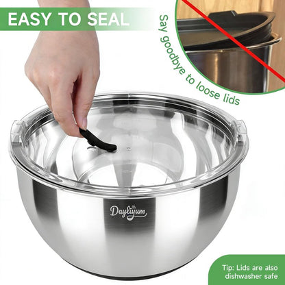 Mixing Bowls with Airtight Lids, Stainless Steel Nesting Bowl Set with Clear Lids & Valve, 3 Essential Sizes (1.5/3/5 QT), Measurement Marks, Non-Slip Silicone Base, Food Prep & Fridge Storage, Black