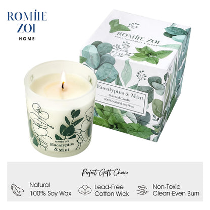 ROMIIE ZOI Scented Candle - Eucalyptus & Mint - 6oz Aromatherapy Soy Wax Jar Candle for Home, Gifts for Women - 170g