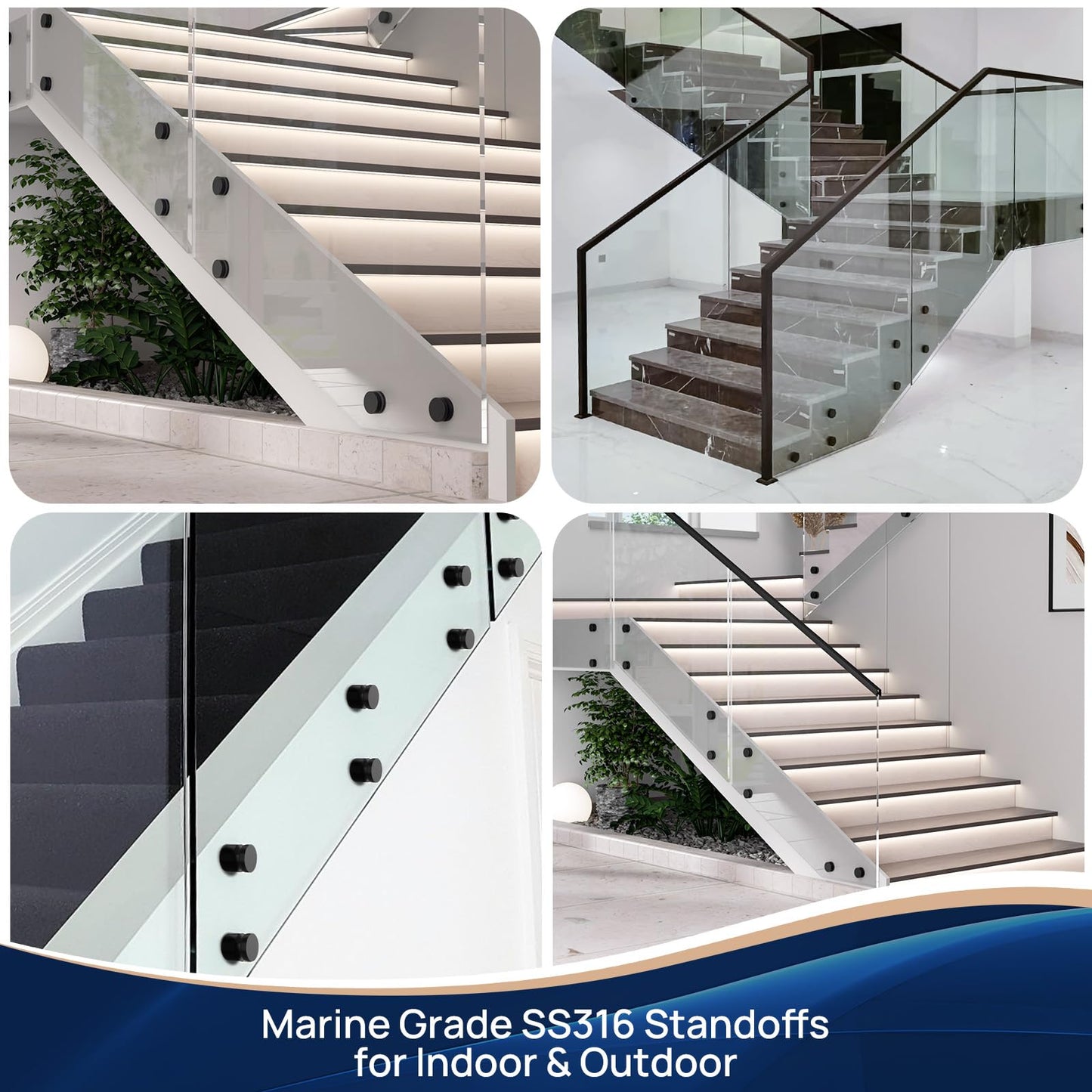 LukLoy 10 Pack Marine Grade SS316 Solid 1.32lb Heavy Duty Glass Railing Standoff for Balcony Stair Balustrade Bracket, 2" Glass Stair Railing Standoff Matte Black