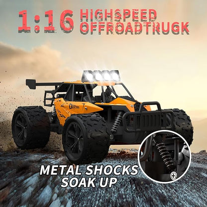 Remote Control Car Monster Truck Toys 1:16 Scale RC Car For Boys 2.4GHz High Speed 20 km/h With LED HeadlightsRechargeable RC Cars Gifts for Boys 4-7 8-12 Christmas Beginner Kids 6-12+(Orange)