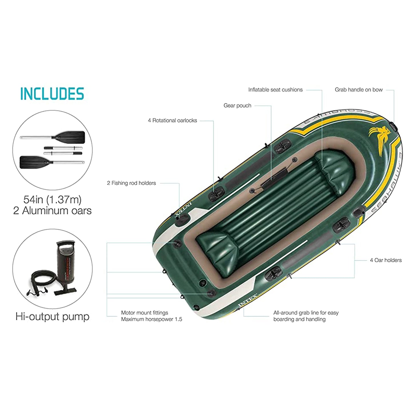 INTEX 68380EP Seahawk 3 Inflatable Boat Set: Includes Deluxe 54in Boat Oars and High-Output Pump – SuperStrong PVC – Fishing Rod Holders – 3-Person – 790lb Weight Capacity