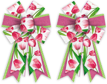 Threetols Floral Wreath Bows - 2 Pack Pink Tulip Decorative Bows for Indoor/Outdoor Home & Garden Decor