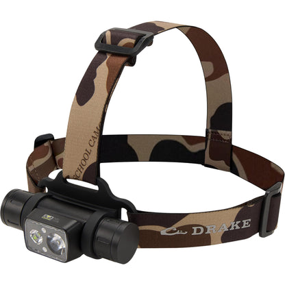 Drake Waterfowl EVO1500 Lumen Headlamp – Rugged Waterproof Aluminum Headlamp with Rechargeable Power Supply, Multi-Mode Light, and Lockout Setting, Old School