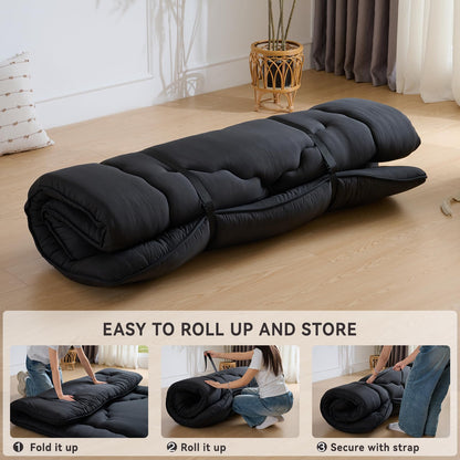 Ingdgnoso Japanese Floor Mattress, 3.5" Thicken Futon Mattress Tatami Mat, High Density Foam Support for Adult Kids Sleep, Portable Futon Sofa Bed for Camping, Pet Mat, Queen 80"x 60"（Black）