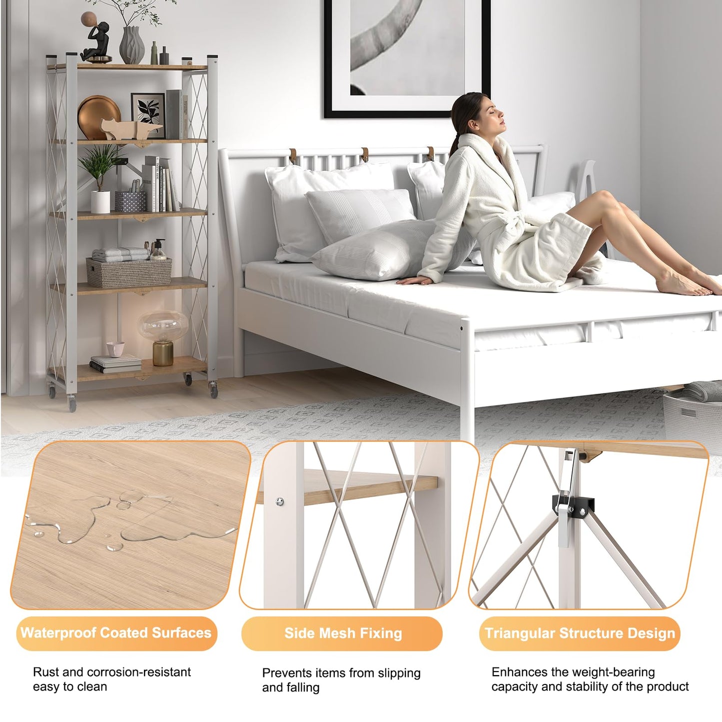 Yuanjimi 5-Tier Foldable Storage Shelves with Wheels, Folding Metal Shelf Unit, Folding Bookshelf no Assembly, Collapsible Shelves for Craft Shows for Kitchen, Bedroom, Living Room, Natural
