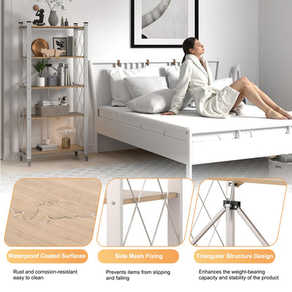 Yuanjimi 5-Tier Foldable Storage Shelves with Wheels, Folding Metal Shelf Unit, Folding Bookshelf no Assembly, Collapsible Shelves for Craft Shows for Kitchen, Bedroom, Living Room, Natural
