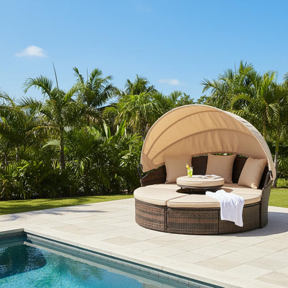 GDFStudio Outdoor Rattan Round Daybed with Canopy, Patio Wicker Lounge Bed with Lift-Top Coffee Table, Clamshell Sectional Seating Sofa Bed with Cushions & Pillows for Garden, Poolside, Beige