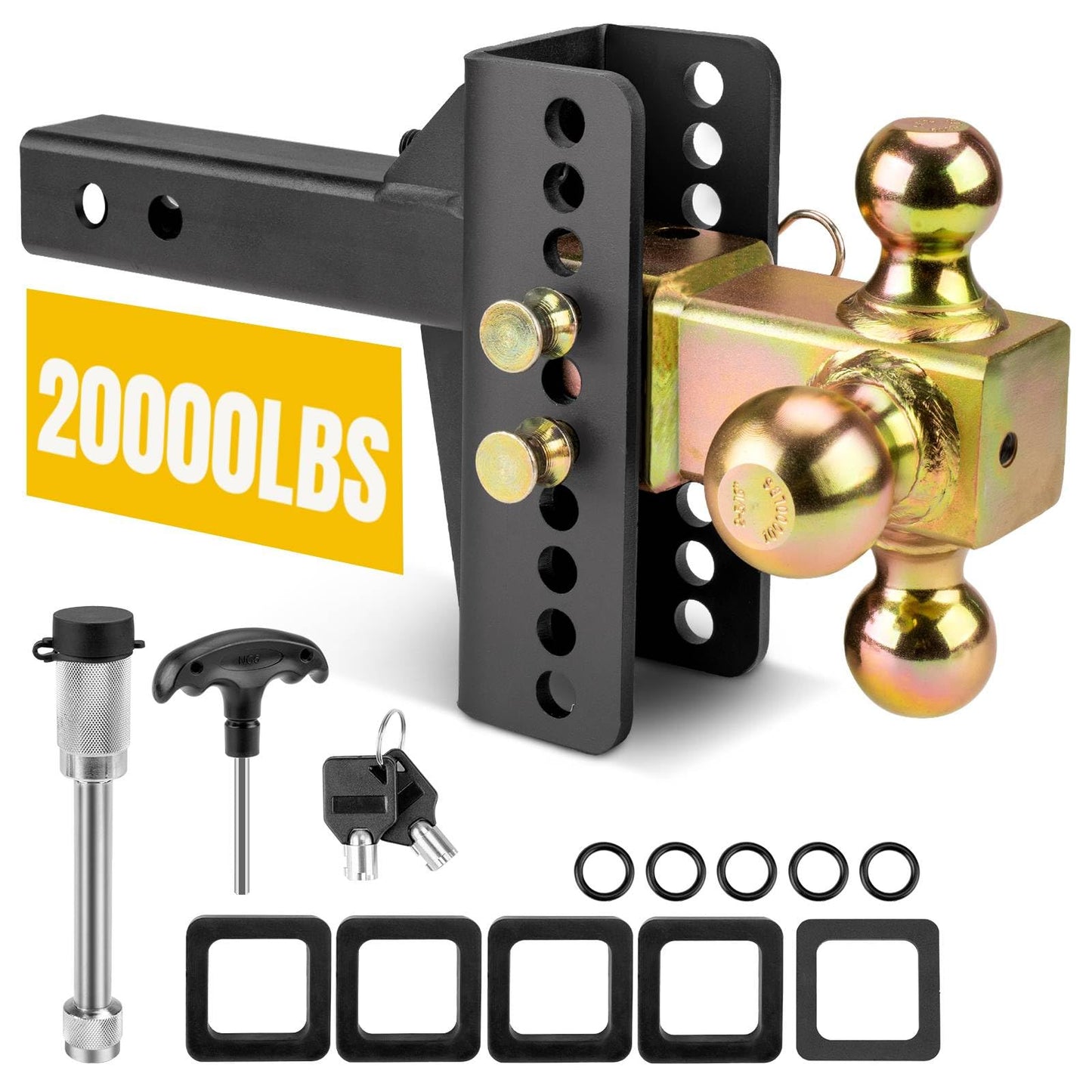 Adjustable Trailer Hitch -Drop Hitch-Tow Hitch with 2 inch Receiver-6inch Drop/Rise, （1-7/8" & 2" & 2-5/16" Ball Hitches for Trucks, 20,000 LBS GTW, Trailer Hitches with Anti-Theft Pin, Black