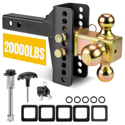 Adjustable Trailer Hitch -Drop Hitch-Tow Hitch with 2 inch Receiver-6inch Drop/Rise, （1-7/8" & 2" & 2-5/16" Ball Hitches for Trucks, 20,000 LBS GTW, Trailer Hitches with Anti-Theft Pin, Black