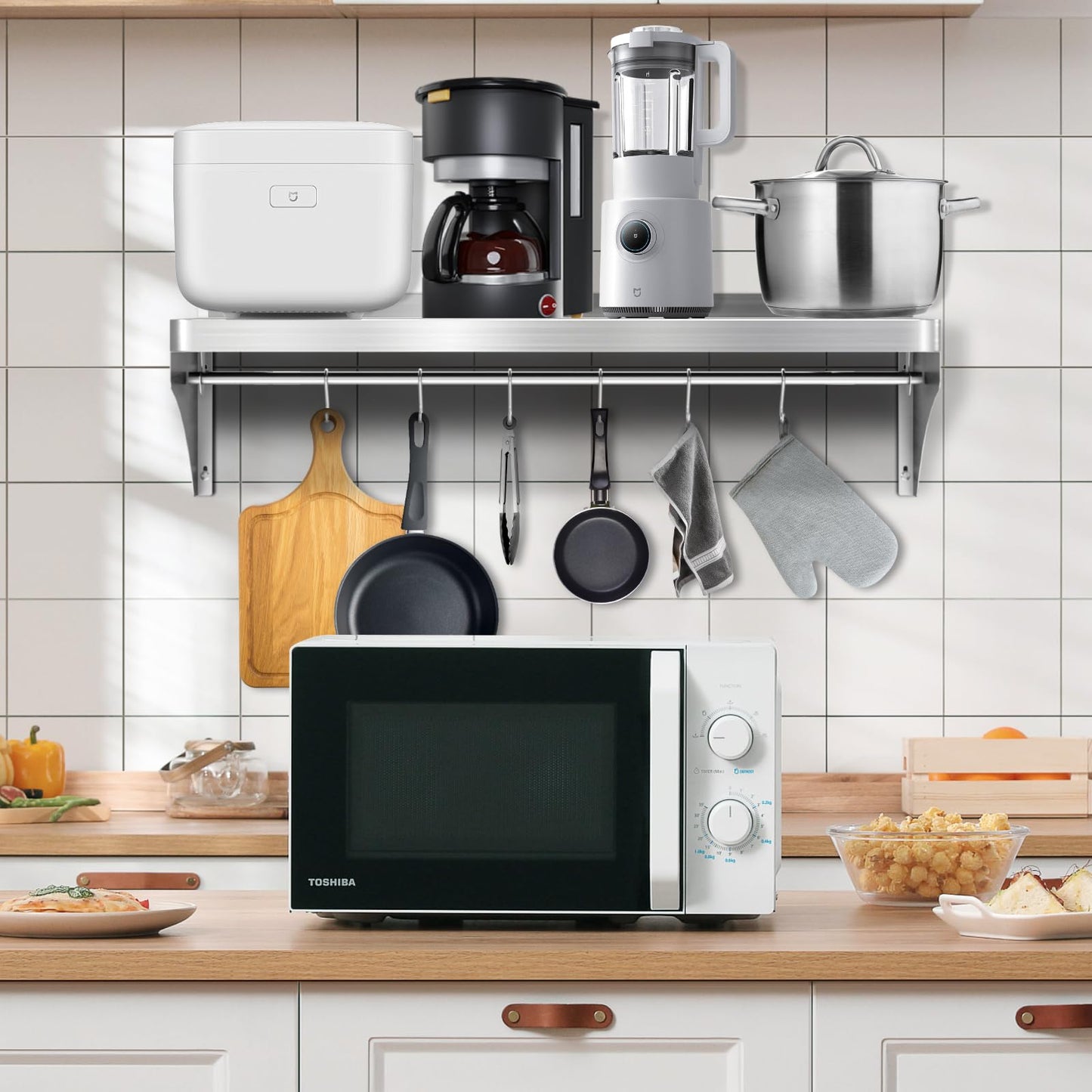 VENFAN Commercial Stainless Steel Shelf 36" x 12" - 250lb Load Capacity, Heavy Duty Stainless Steel Wall Mounted Kitchen Shelf with Backsplash & 6 Hooks for Restaurant, Laundry