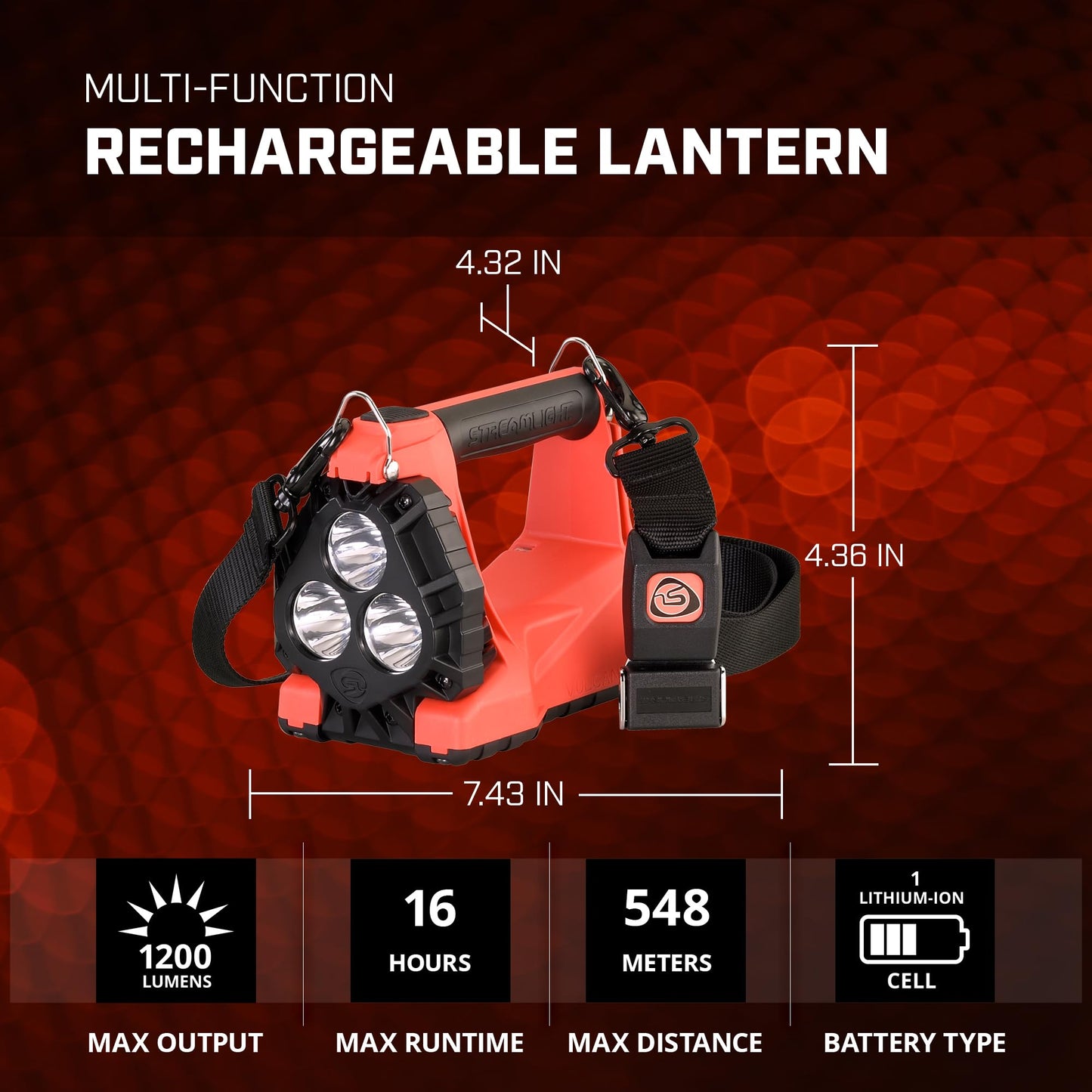 Streamlight 44311 Vulcan 180 LED Rechargeable Lantern AC/DC Charger 1200 Lumen, Orange - 1200 Lumens