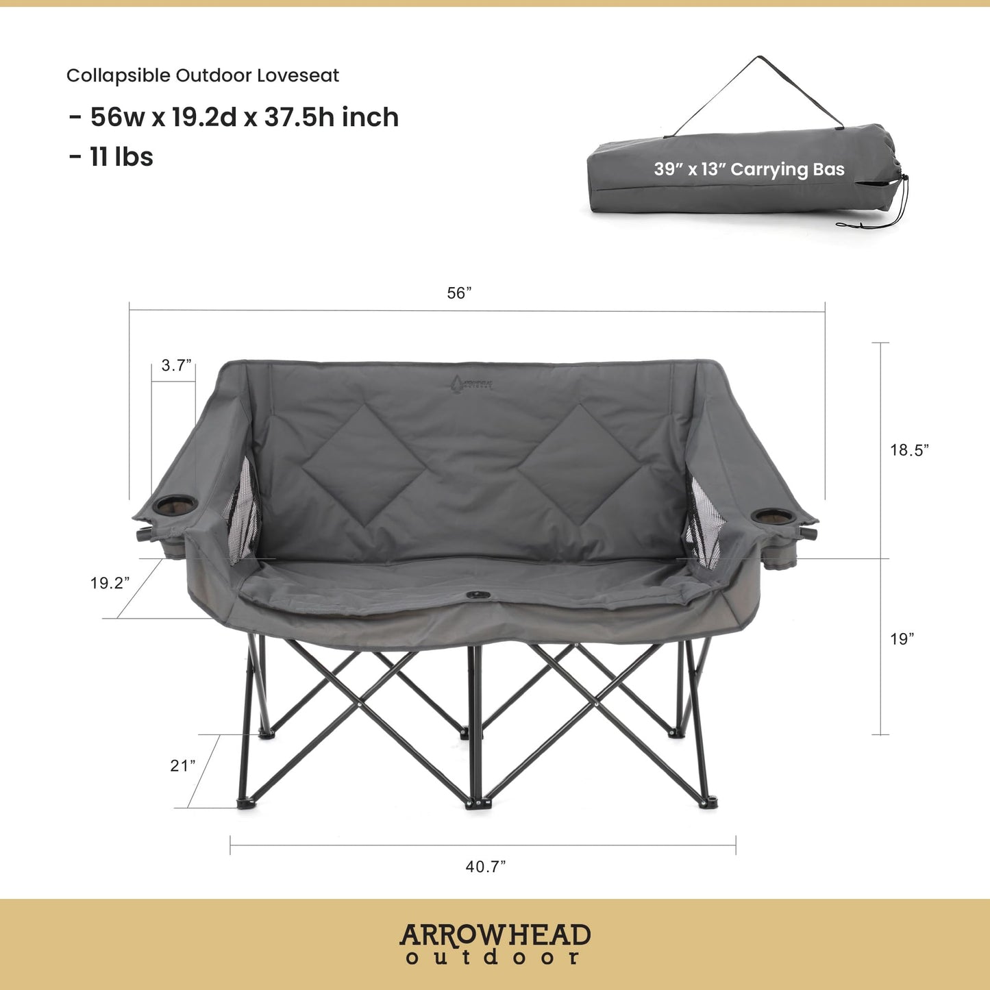 ARROWHEAD OUTDOOR 2-Pack Portable Folding Double Duo Camping Chair Loveseat w/ 2 Cup & Wine Glass Holder, Carrying Bag, Supports up to 650lbs