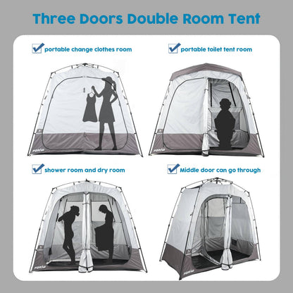 Porayhut Portable Camping Shower Tent Deluxe Changing Room Easy Set Up Privacy Shelter,Large Toilet Tent with Floor Drain Design for Beach, Camping,Hiking with 2 Rooms,Stakes and Ropes for Stability