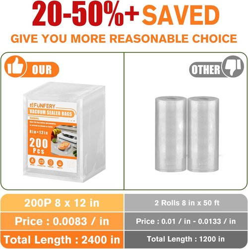 FUNFERY Vacuum Sealer Bags - Precut Food Storage, 200 Quart, 8" x 12", BPA Free for Sous Vide & Freezer Use