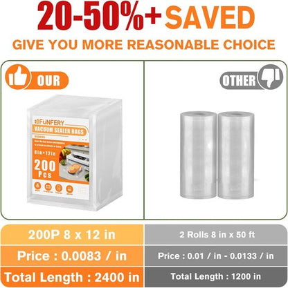 FUNFERY Vacuum Sealer Bags - Precut Food Storage, 200 Quart, 8" x 12", BPA Free for Sous Vide & Freezer Use