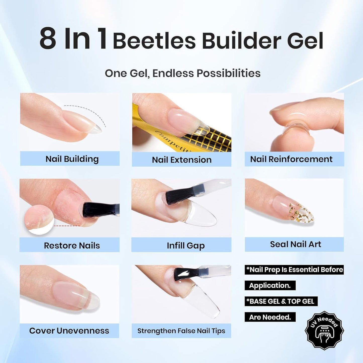 Beetles Builder Gel Set,3 Pcs 8 in 1 Nail Strengthening Apex Building Extension for Beginner DIY Salon at Home,Clear Builder Nail for Nails with Base and Top Coat Gel,UV & LED Lamp Needed