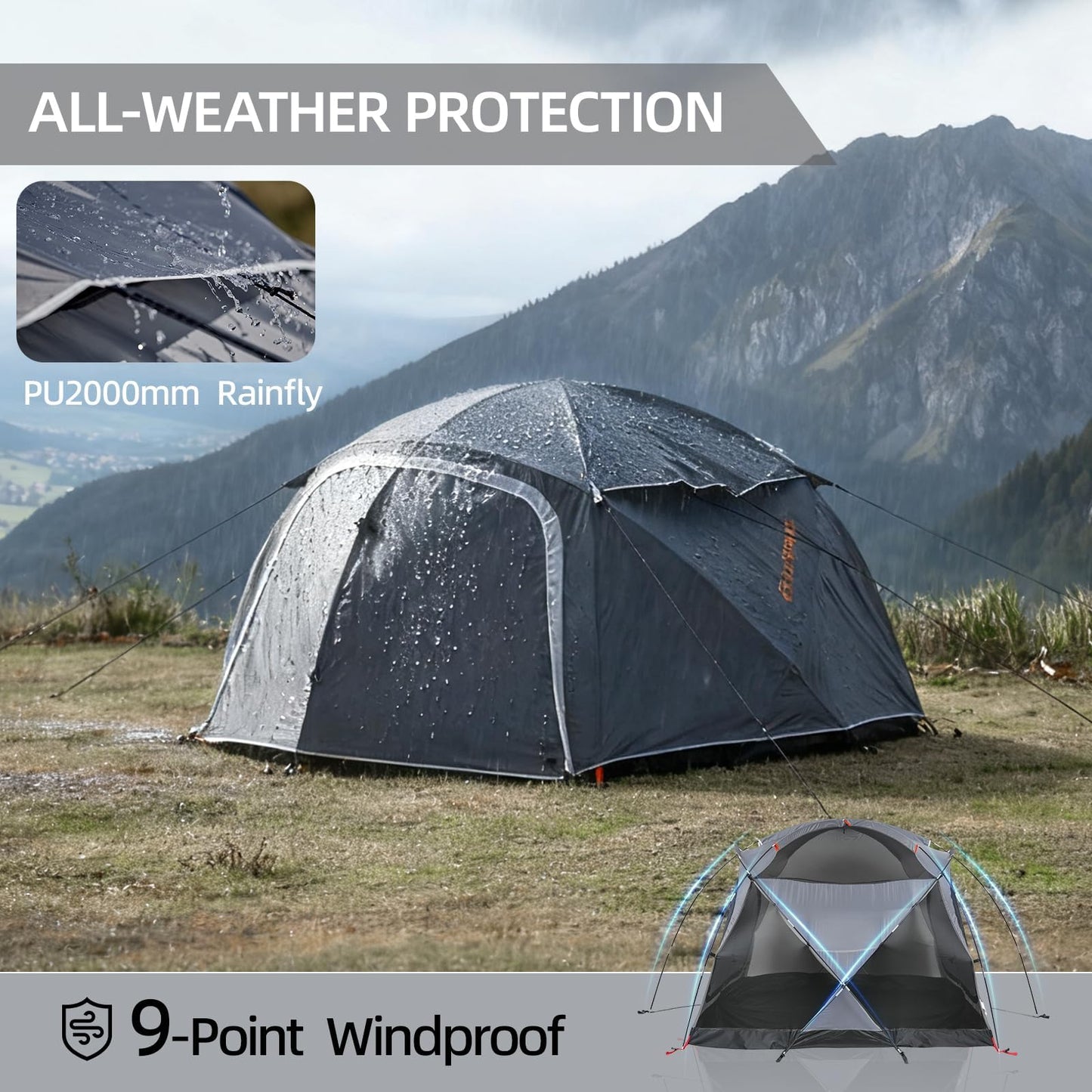 EchoSmile 3-5 Person Family Camping Tent, Waterproof Windproof Heavy Duty Dome Shelter, Easy Setup Multi-Pole Cabana with Extra Storage Room for Wet Bags & Shoes, Outdoor Hiking Travel -Gray