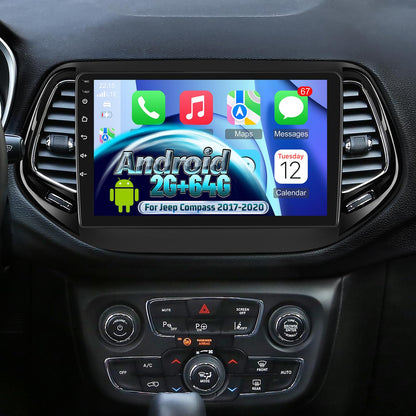 [4 Core 2+64] Volxcereo Car Radio for Jeep Compass 2017 2018 2019 2020, 10.1 inch Android Touchscreen Stereo with Carplay & Android Auto, GPS/WiFi/Bluetooth/SWC/FM/RDS