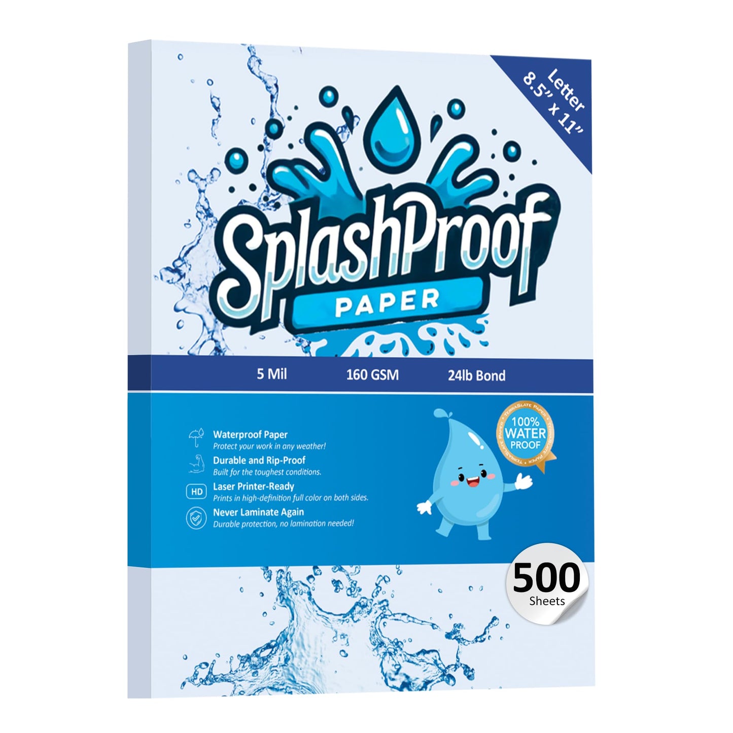 SplashProof Printer Paper - 8.5" x 11", 5 Mil Waterproof Paper, Laser Printer & Copy Machine Compatible (8.5" x 11" - Letter, 500 Sheets)