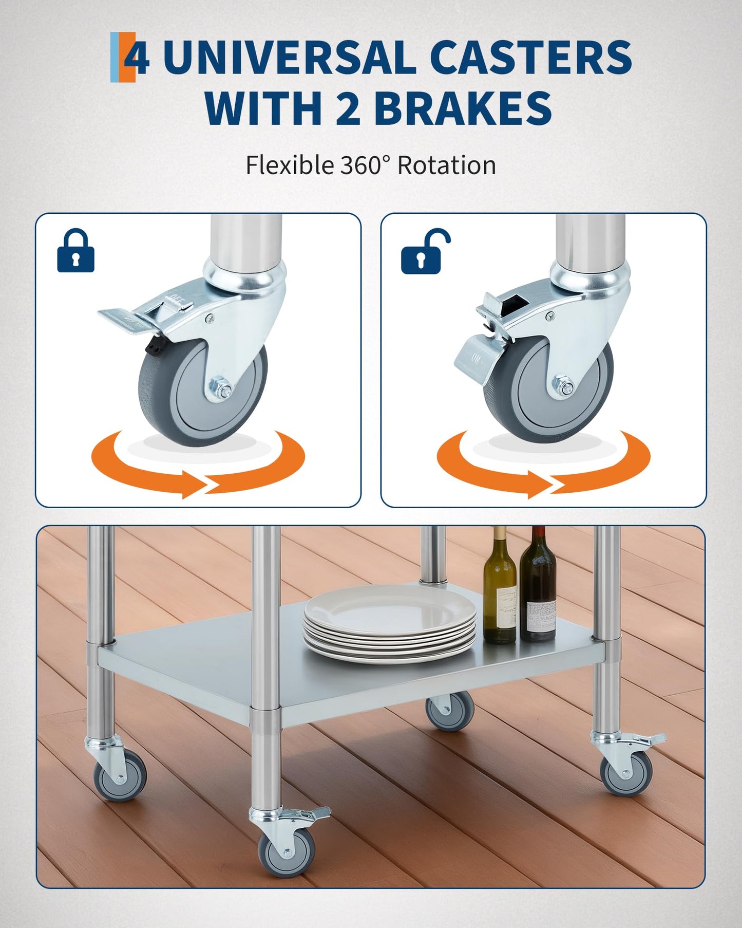 Garvee Stainless Steel Prep Table 24x30 Inch, Commercial Kitchen Worktable with 4 Caster Wheels and Adjustable Undershelf, Heavy Duty Metal Food Prep Table for Restaurant Garage Outdoor Works