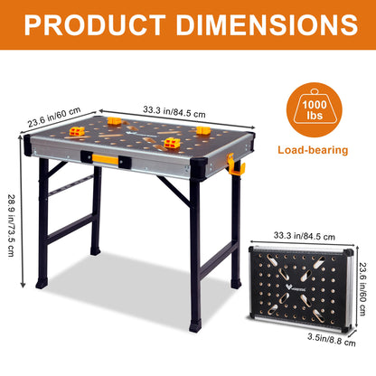 WORKESS Portable Workbench 1000Lbs Capacity Heavy Duty Folding Work Table with 2 Quick Clamps, 4 Bench Dogs, 3 Tool Boxes for Garage Easy Storage