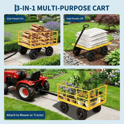 Heavy Duty 4-in-1 Steel Garden Dump Cart - 1500 lbs Capacity - 13 Inch All-Terrain Wheels - Removable Mesh Sides & Swivel Handle - Yellow Frame, Black Hubs & Handlebars