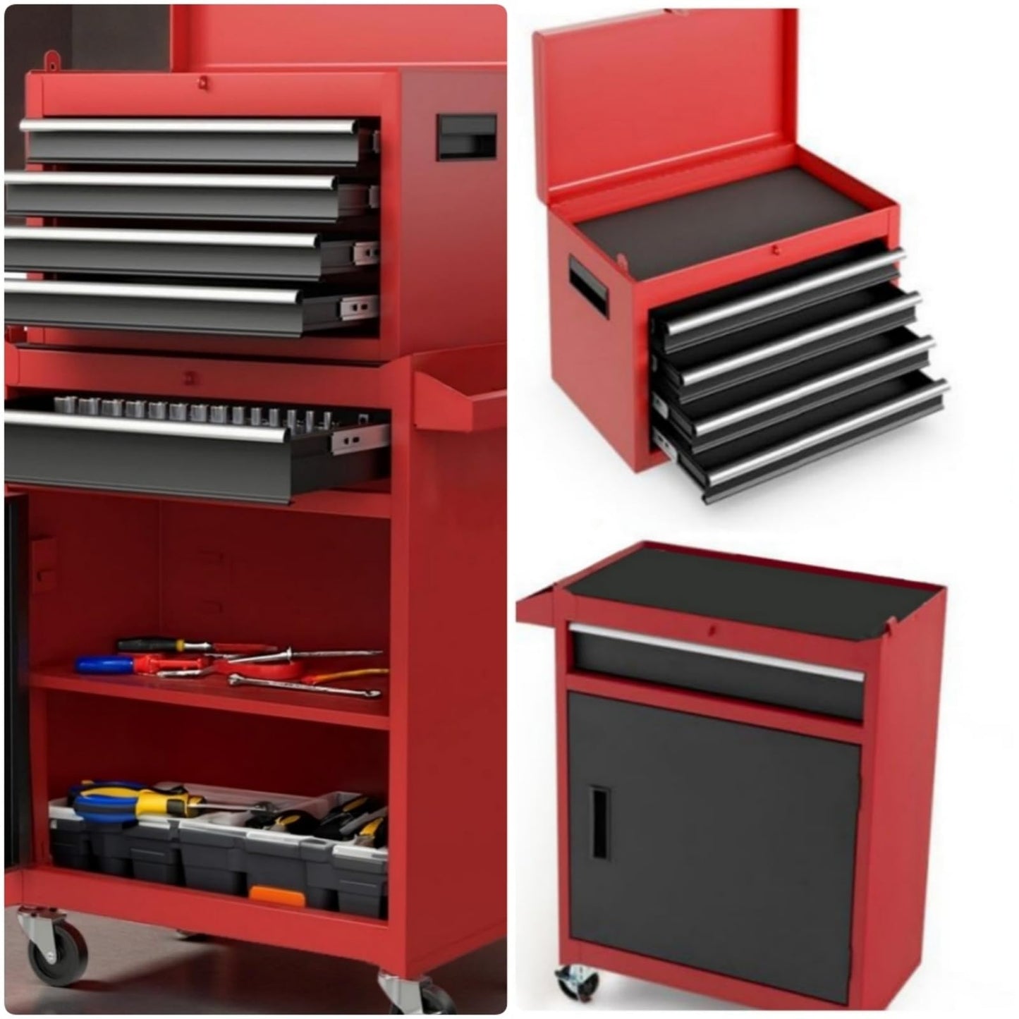 Trygoal Tool Chest, 5-Drawers Rolling Tool Storage Cabinet with Lockable Wheels, Detachable Top, Adjustable Shelf & Locking Mechanism, Multifunctional Tool Cart for Garage Warehouse, Red