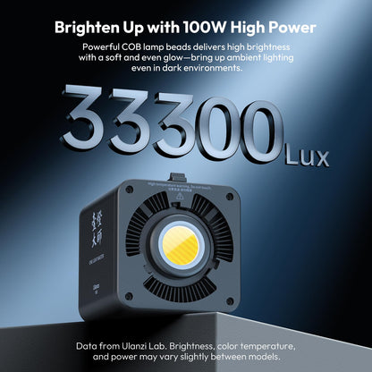 ULANZI 100W RGB Portable LED Video Light w DC Power Adapter, 88.8Wh Build-in Battery Metal Mini Adjustable Color Temperature COB Continuous Output Lighting Handheld Spotlight 2700K-6500K for Video