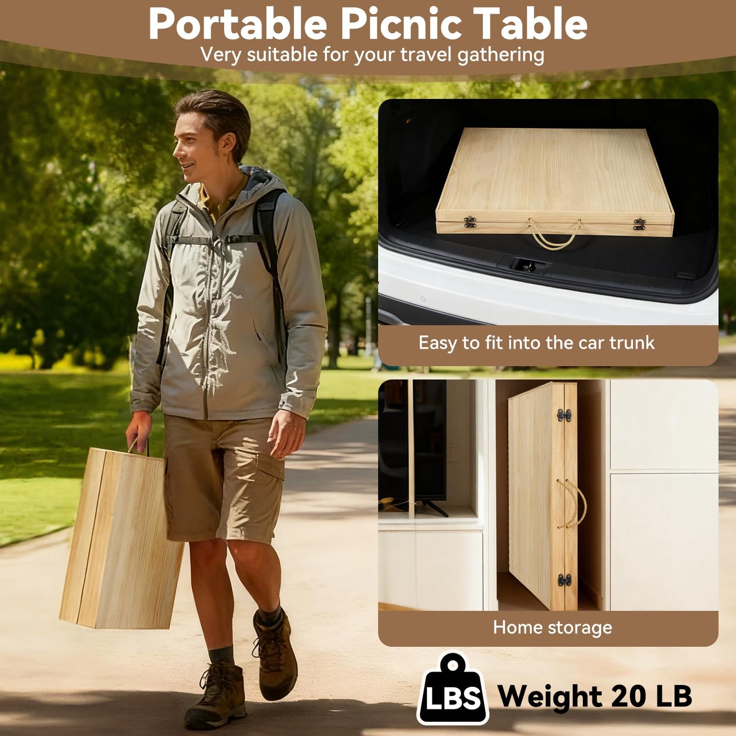 GamPark Portable Wooden Outdoor Low Picnic Table for Floor Seating, Beach, Camping, BBQ, Backyard, 60x30in