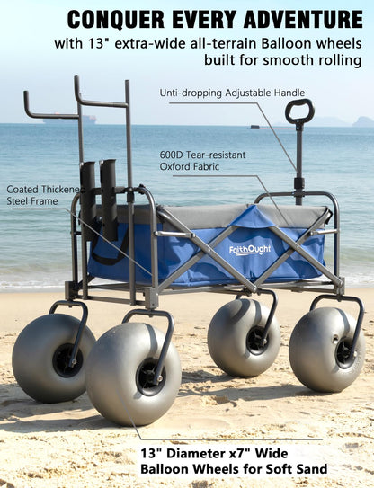 13" Balloon Bubble Wheel Beach Cart Collapsible Wagon with Big Fat All Terrain Inflatable Air Tire, Large Outdoor Wagon & Fishing Cart with Balloon Tire, Dolly with Big Wheels for Sand Camping (Blue)