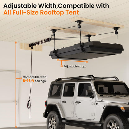 Pacikwest Garage Ceiling Storage Lift System Roof Top Tent Hoist, Heavy Duty Overhead Pulley System for Garage Storage Rack, 4-Point Lift 250lb Capacity, Adjustable Straps Fits 8-16ft Ceiling