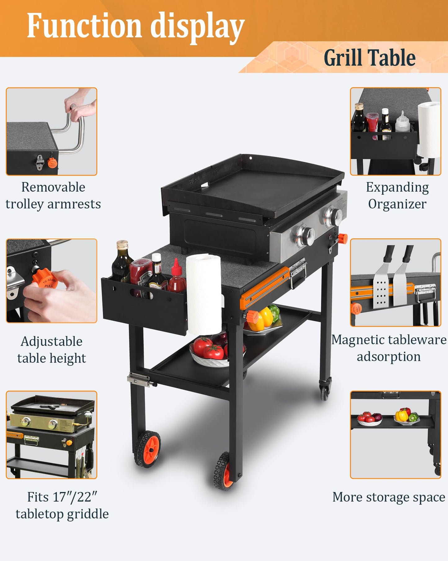 JiRiCHMi Grill Table For Blackstone Griddle 22 and 17 Inch, Grill Carts Outdoor With Wheels, Heavy-Duty Grill Stand, Foldable Quickly Blackstone Stand Suitable for Travel/Camping And Outdoor Meals