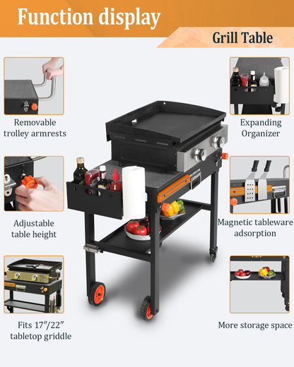 JiRiCHMi Grill Table For Blackstone Griddle 22 and 17 Inch, Grill Carts Outdoor With Wheels, Heavy-Duty Grill Stand, Foldable Quickly Blackstone Stand Suitable for Travel/Camping And Outdoor Meals