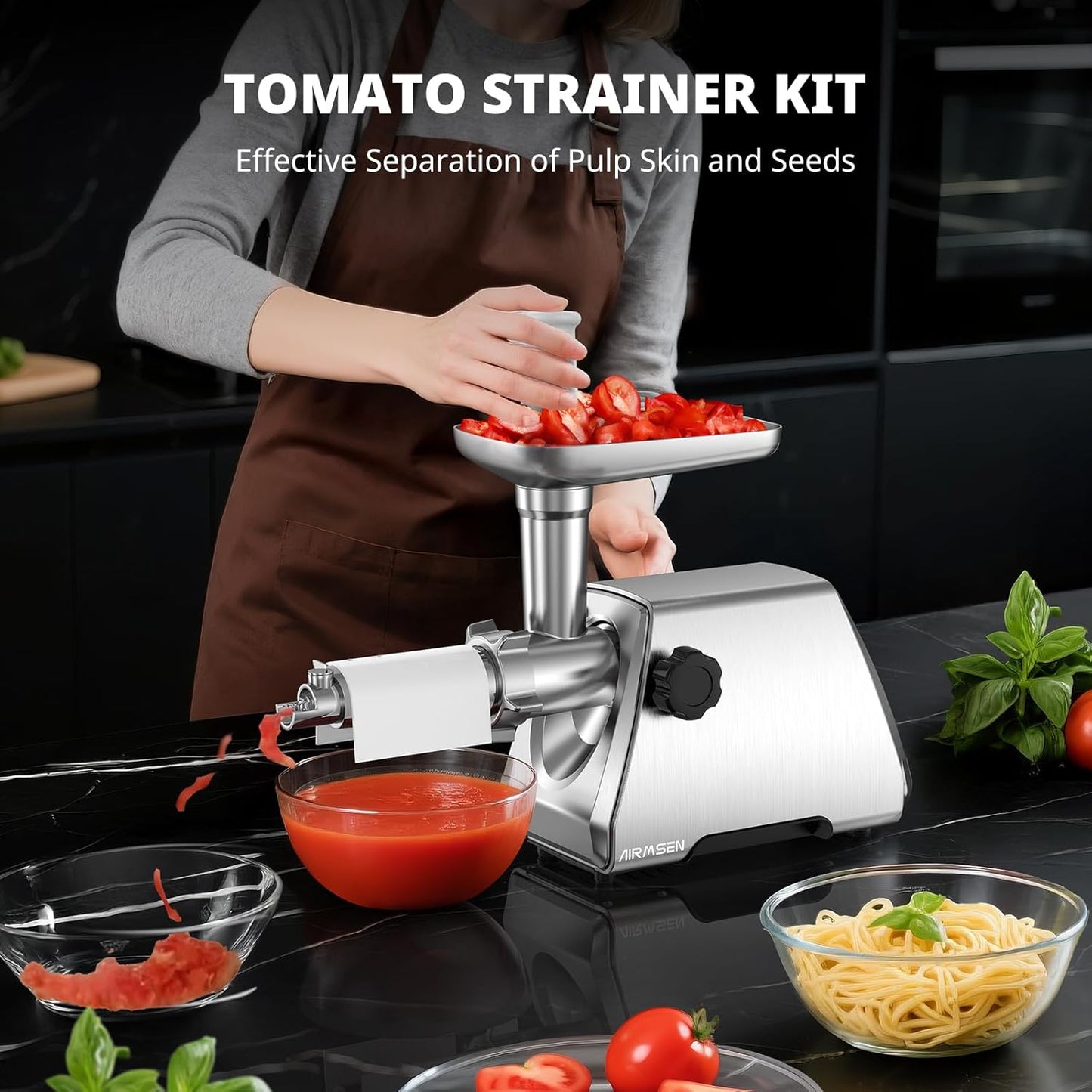 AIRMSEN Electric Meat Grinder & Tomato Sauce Press - Heavy Duty Food Mill for Grinding Meat & Making Sauces