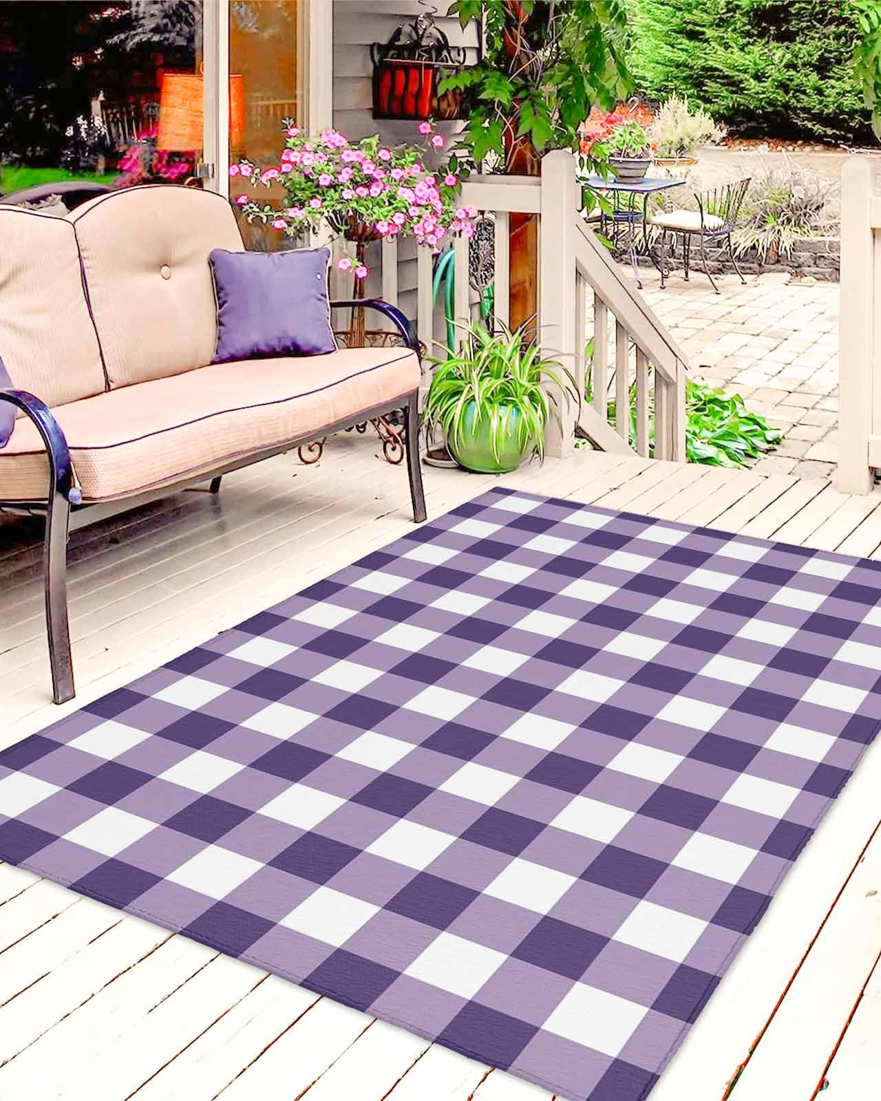 Outdoor Patio Rugs Purple Buffalo Plaid Outdoor Area Rug Check Lines Non-Slip Backyard/Camping RV Rug/Deck/Porch Rug Front Door Floor Mat Carpet, 4x6ft