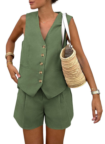 PRETTYGARDEN Women's Summer 2 Piece Outfits Sleeveless Matching Sets Button Down V Neck Vest Waistcoat and Pockets Shorts (Army Green,Large)