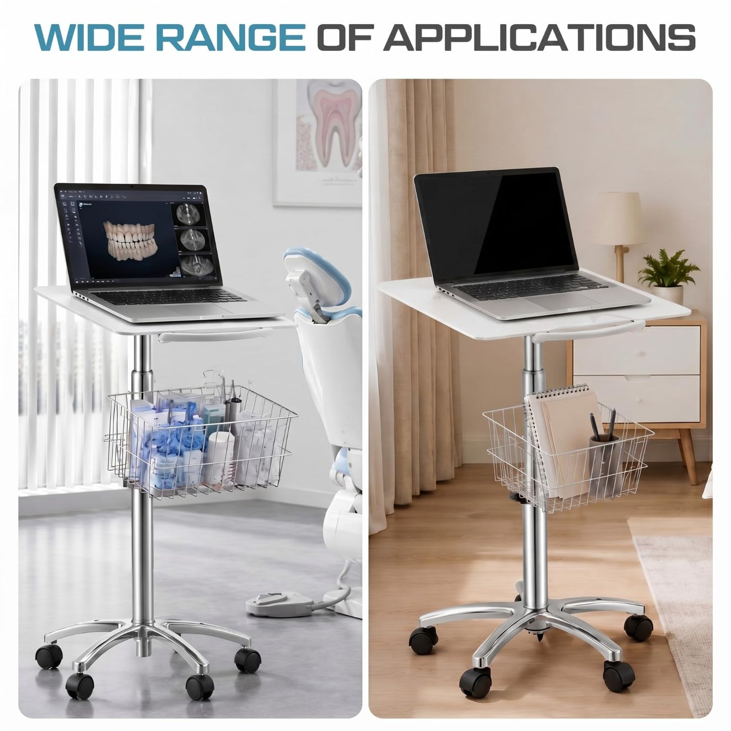 DaisyInner Adjustable Mobile Medical Cart with Wheels, Load up to 33 Lbs, Laptop Rolling Cart with Storage Basket 16.5" x 16.7" Large Tabletop Medical Trolley Workstation for Hospital, Lab Use(Frame)