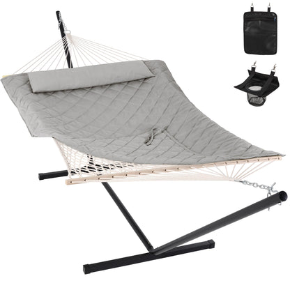 ANOW Double Rope Hammock with Stand 12FT, Heavy Duty Hammock with Polyester Pillow and Pad, 450 LBS Weight Capacity, Light Grey